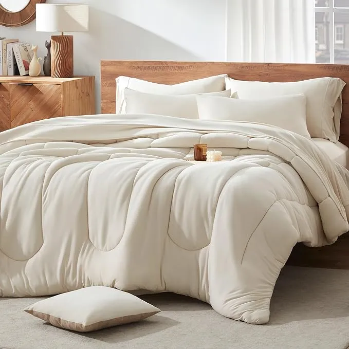 100% Microfiber Jersey Knit Comforter Set Duvet Set with Pillow Shams Beige