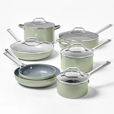 12pc Nonstick Ceramic Coated Aluminum Cookware Set Sage Green - Figmint