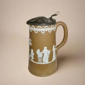 1890s Dudson Brothers Brown Jasperware Hot Water Jug With Pewter Lid