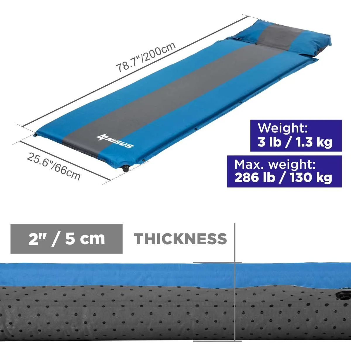 2-inch Self Inflating Camping Sleeping Pad, Blue and Gray