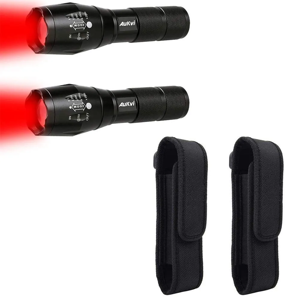 2 Red Led Flashlight and 2 Red Light Flashlight Holster Bundle