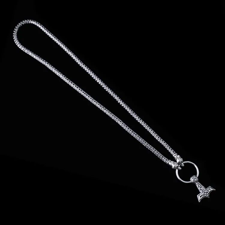 5mm Thick Silver Snake Chain Thors Hammer Necklace - Ferocious Wolf Heads