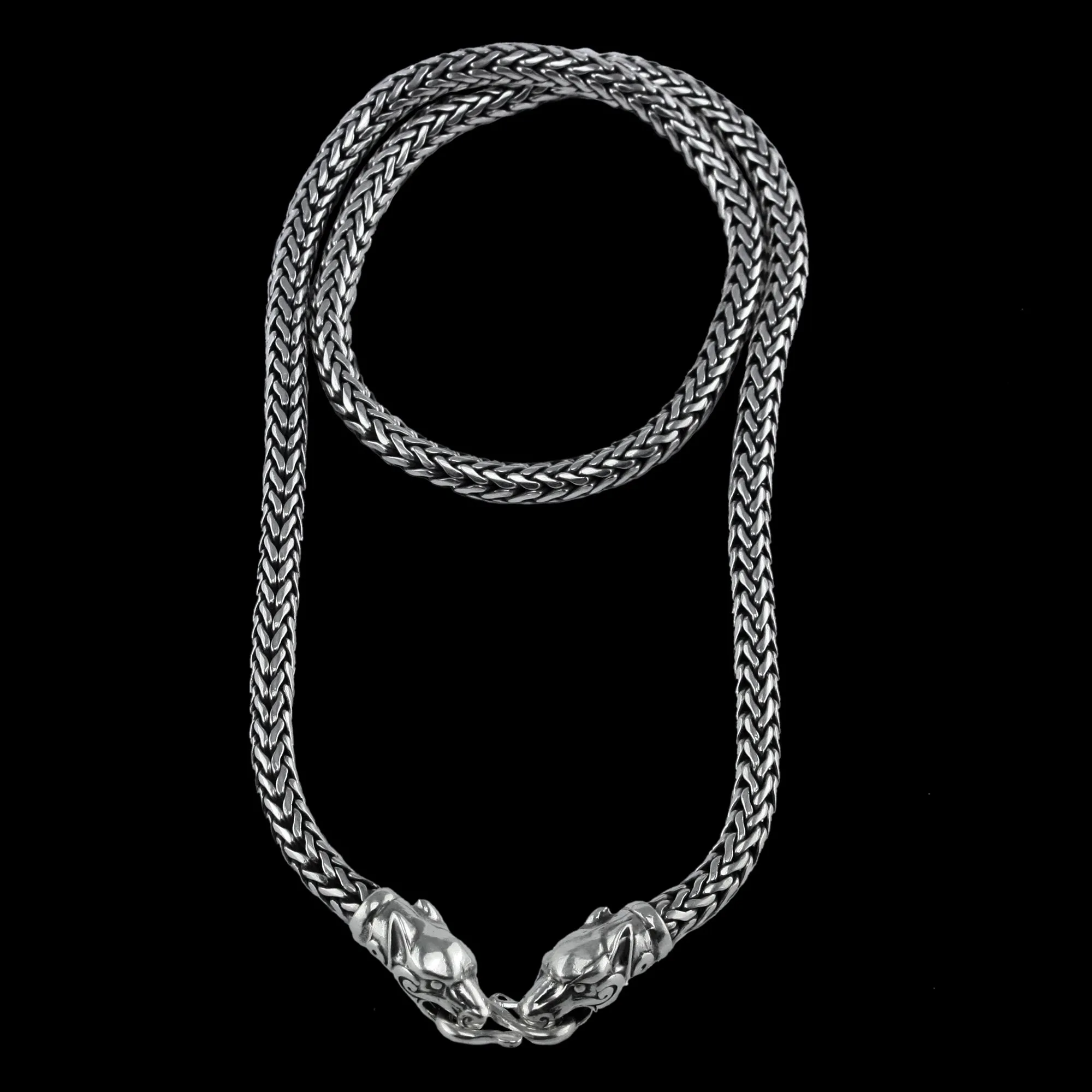 5mm Thick Silver Snake Chain Thors Hammer Necklace - Ferocious Wolf Heads