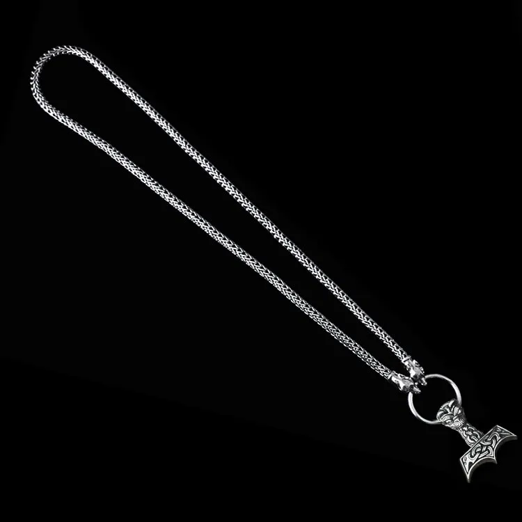 5mm Thick Silver Snake Chain Thors Hammer Necklace - Ferocious Wolf Heads