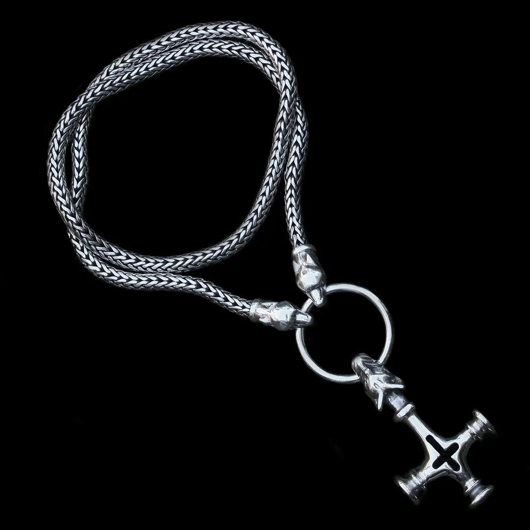 5mm Thick Silver Snake Chain Thors Hammer Necklace - Ferocious Wolf Heads