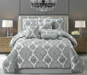 7 Piece Jacquard Bedding Set Bedspreads Comforter Set Bed Skirt Pillowshams & Cushion Covers (Irene Grey)