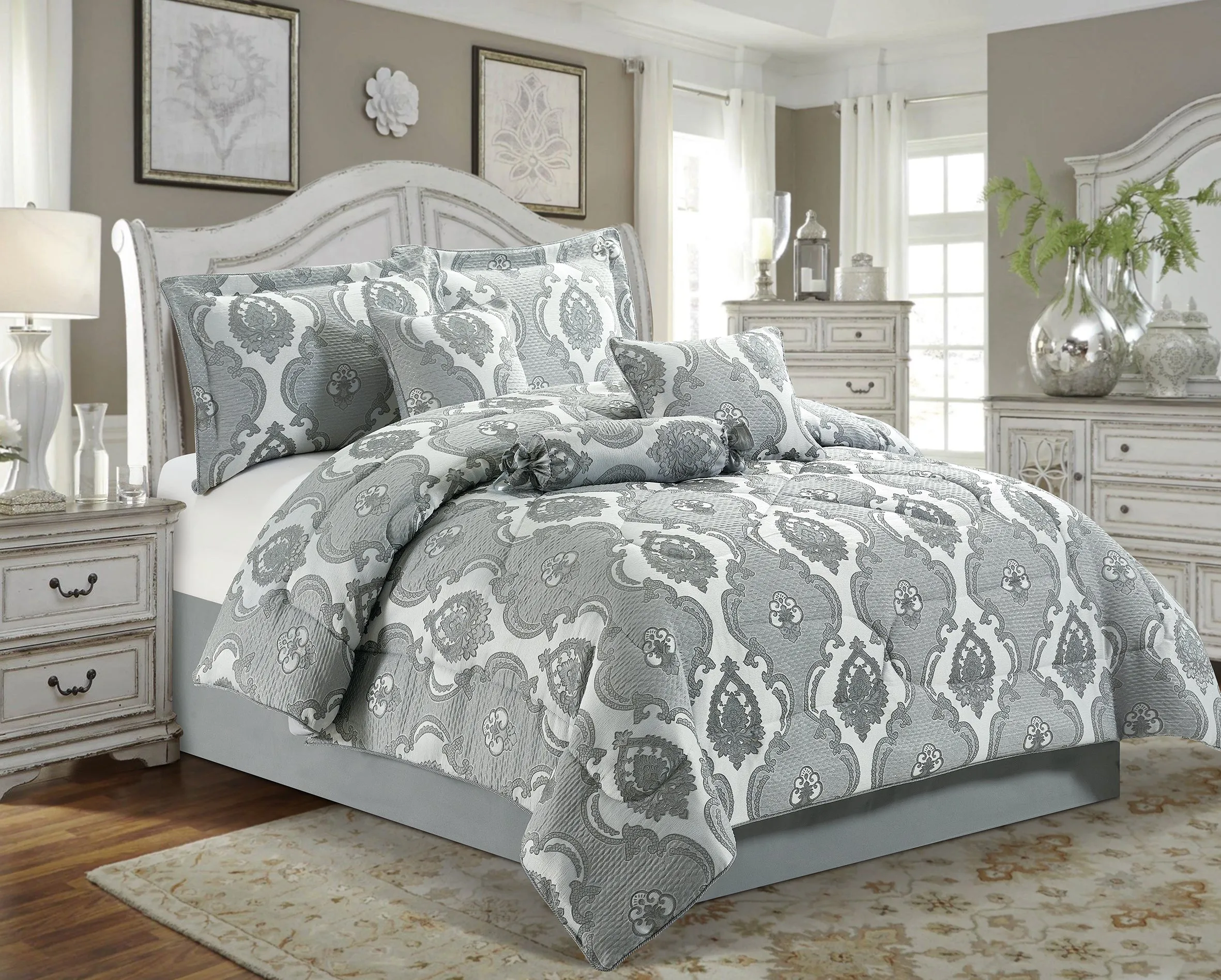 7 Piece Jacquard Bedding Set Bedspreads Comforter Set Bed Skirt Pillowshams & Cushion Covers (Irene Grey)