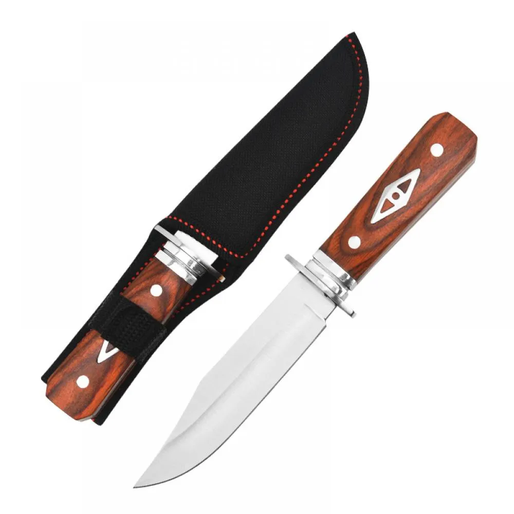 8" Fixed Blade Knife - Satin Finish Stainless Steel Blade, Brown Wood Handle with Stainless Steel Bolster, Includes Nylon Sheath - EDC,Camping Knife