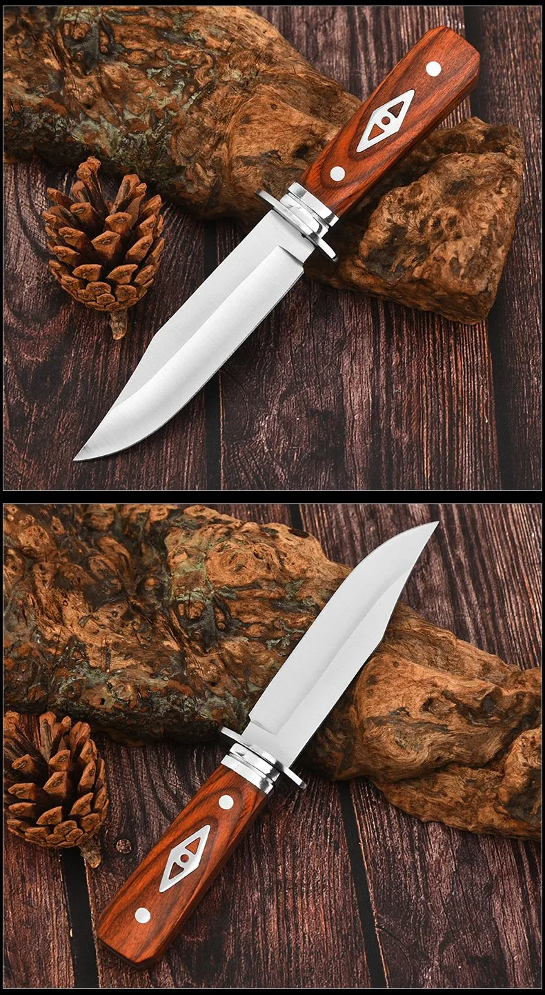 8" Fixed Blade Knife - Satin Finish Stainless Steel Blade, Brown Wood Handle with Stainless Steel Bolster, Includes Nylon Sheath - EDC,Camping Knife