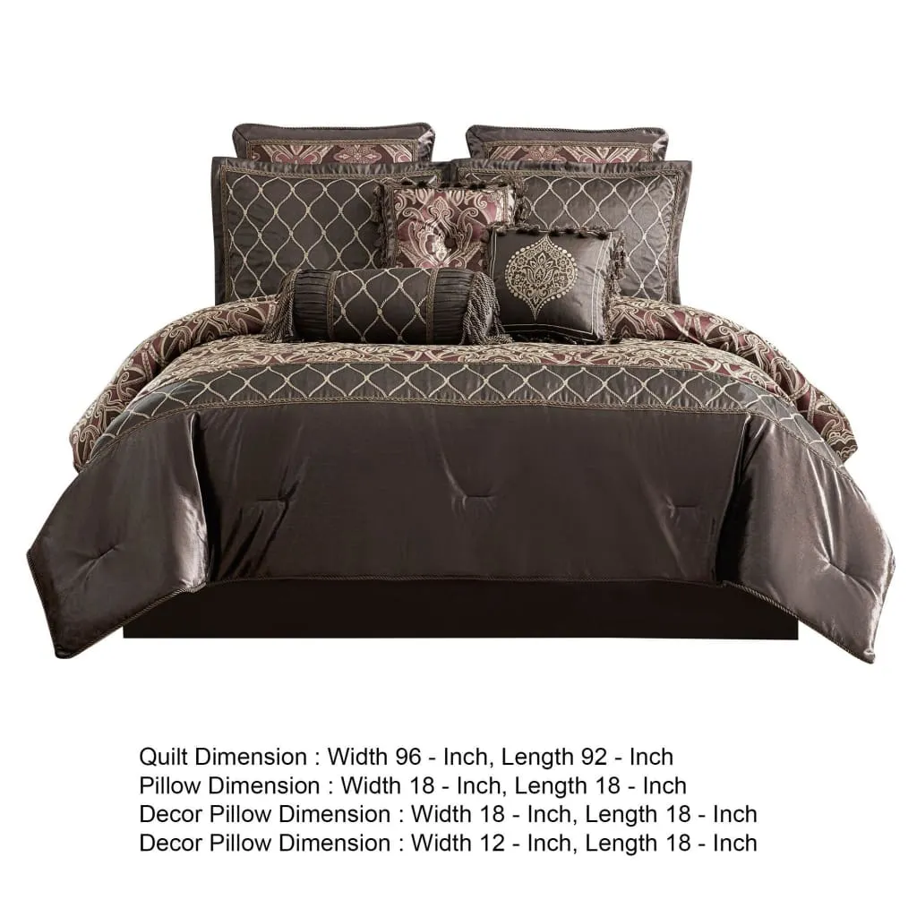 9 Piece Queen Comforter Set with Geometric Print, Brown By Casagear Home