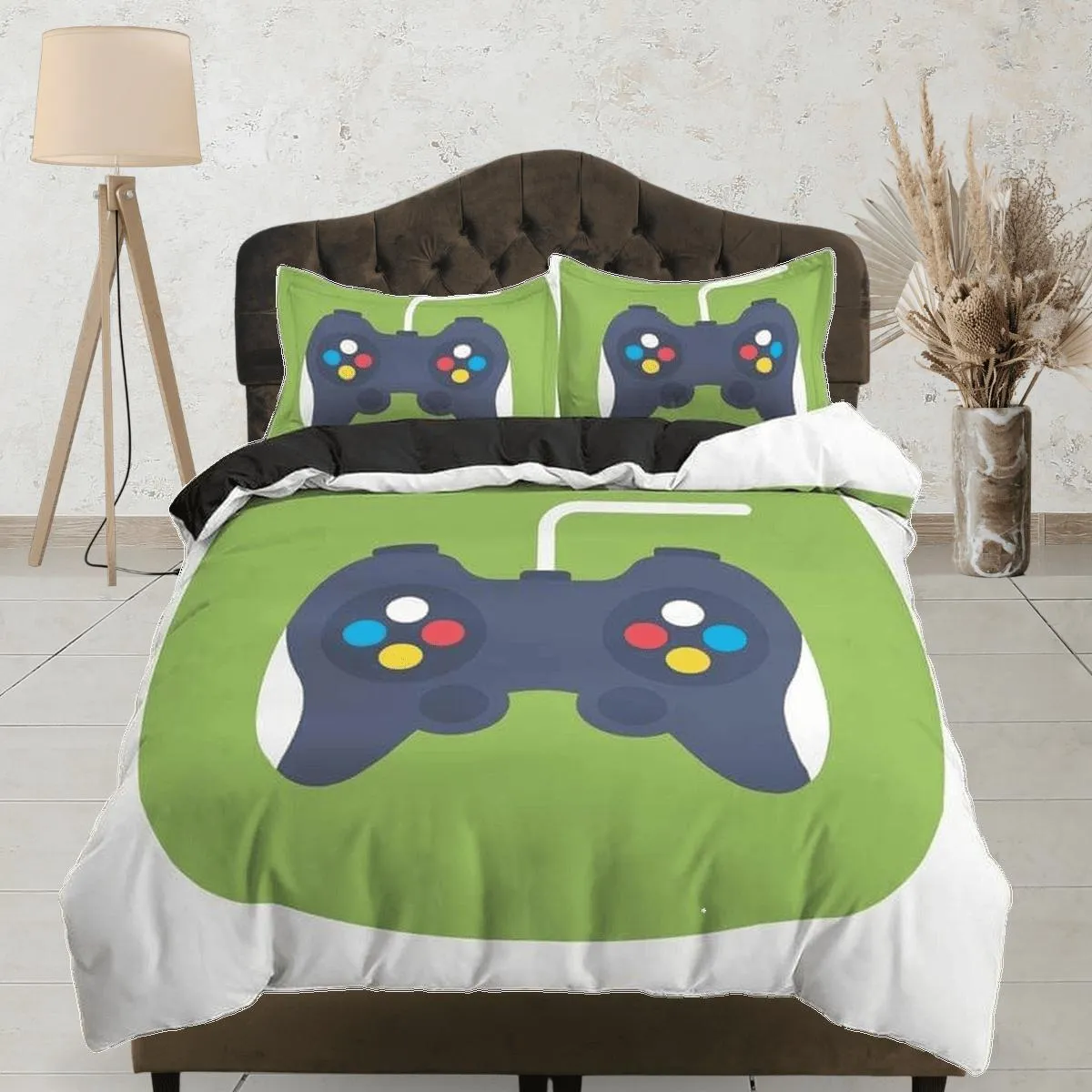 90s gamer bedding controller design duvet cover, video gamer boyfriend gift bedding set full king queen twin, boys bedroom, dorm bedding