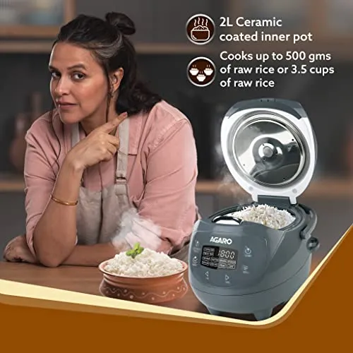 AGARO Imperial Electric Rice Cooker, 2 Litre Ceramic Coated Inner Bowl, Steam Basket, 8 Preset Cooking Function, Advanced Fuzzy Logic, 24 Hours Keep Warm Function, Cooks up to 3 Cups of Raw Rice, Grey