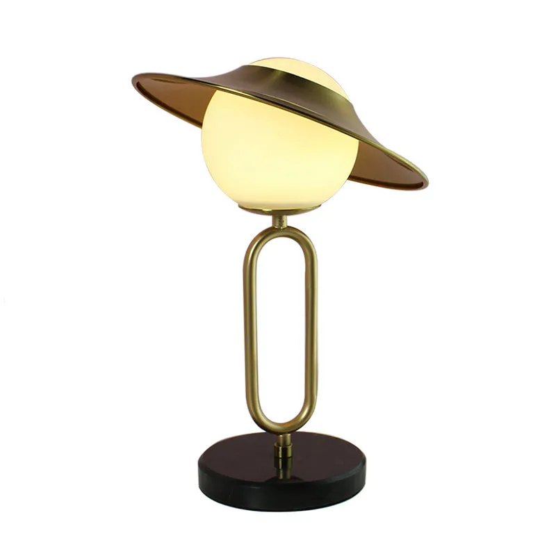 Alessia - Cartoon 1 Light Metal Hat Desk Light: Cream Glass Shade, Marble Base,