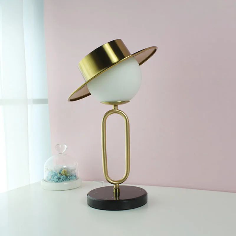 Alessia - Cartoon 1 Light Metal Hat Desk Light: Cream Glass Shade, Marble Base,