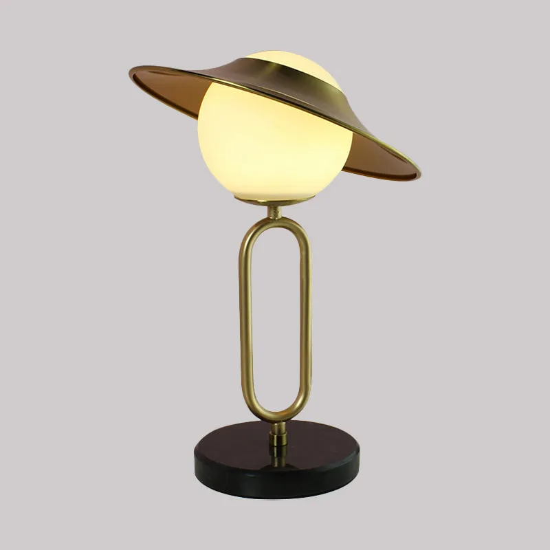 Alessia - Cartoon 1 Light Metal Hat Desk Light: Cream Glass Shade, Marble Base,