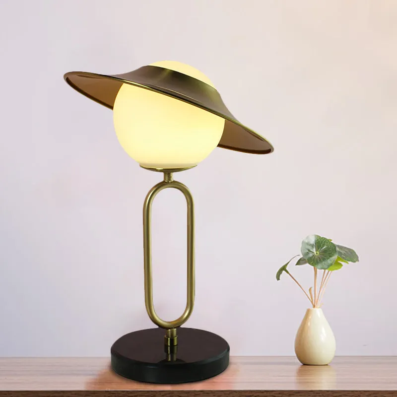 Alessia - Cartoon 1 Light Metal Hat Desk Light: Cream Glass Shade, Marble Base,