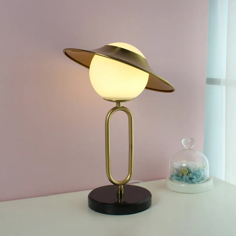 Alessia - Cartoon 1 Light Metal Hat Desk Light: Cream Glass Shade, Marble Base,