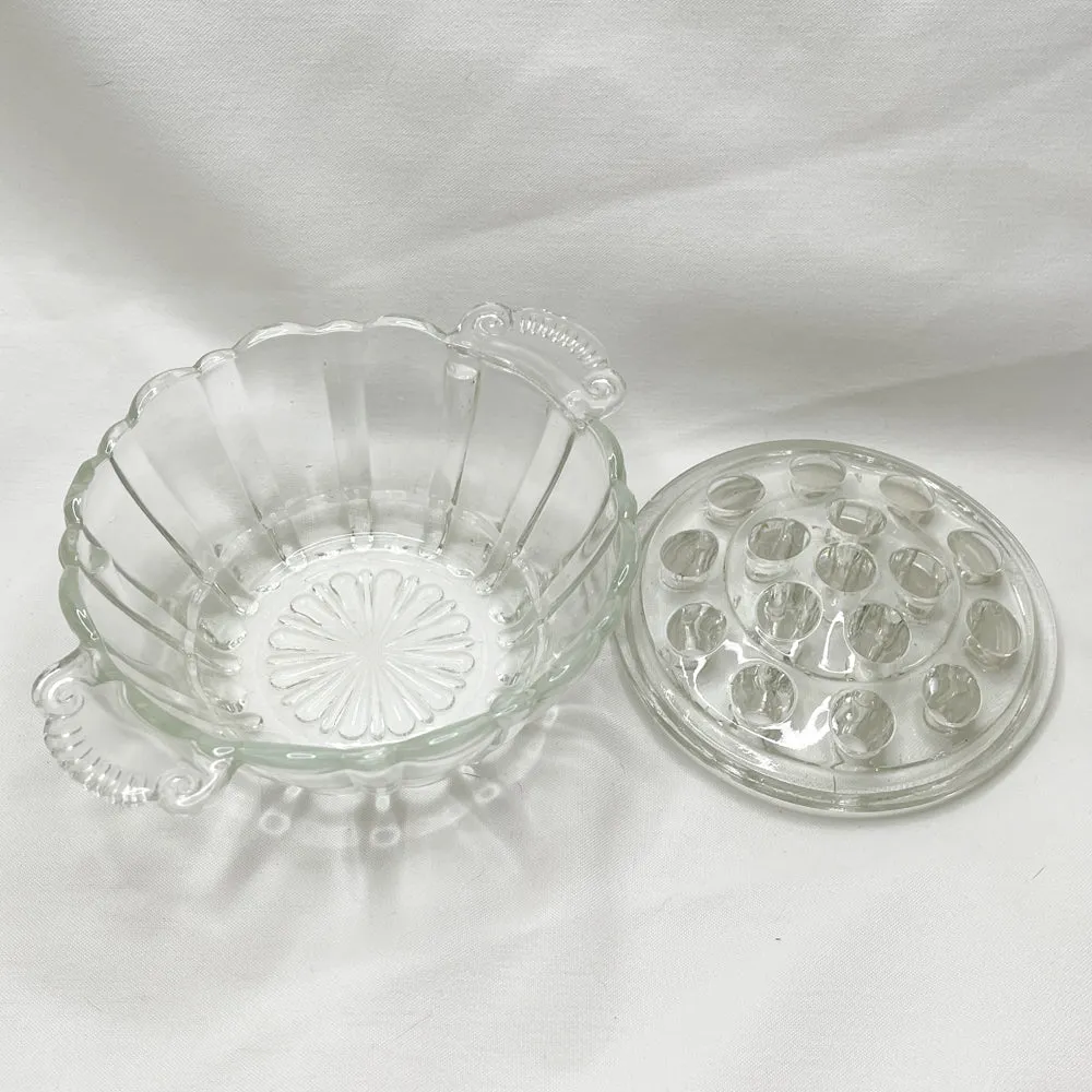 Anchor Hocking 16 Hole Glass Flower Frog & Bowl - 1930s