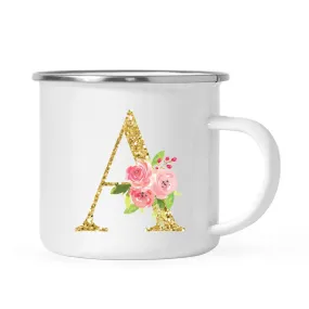 Andaz Press 11oz Pink Roses Faux Gold Glitter Monogram Campfire Coffee Mug