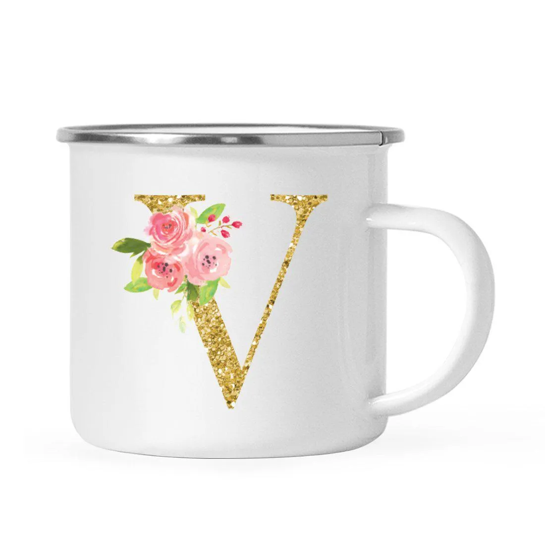 Andaz Press 11oz Pink Roses Faux Gold Glitter Monogram Campfire Coffee Mug