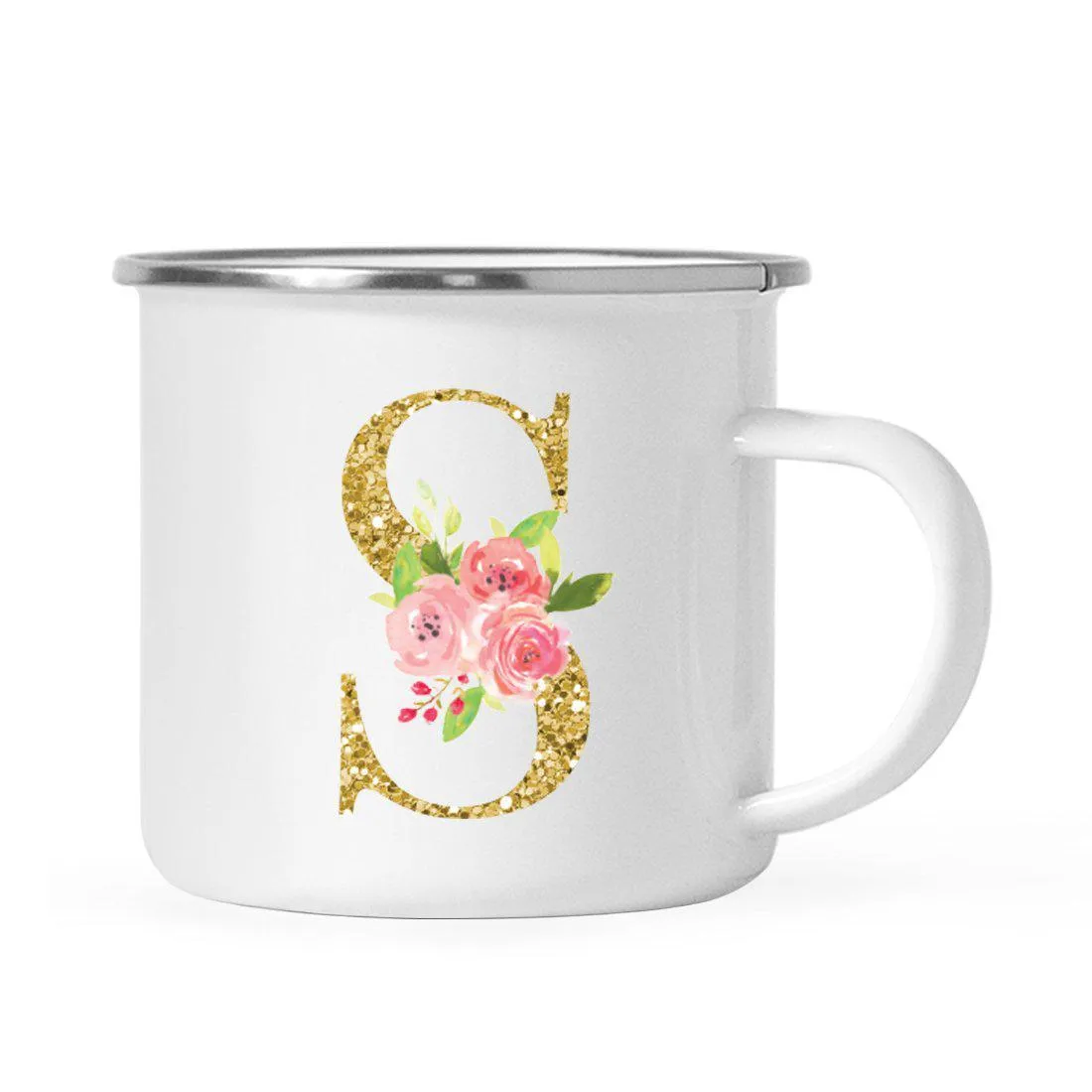 Andaz Press 11oz Pink Roses Faux Gold Glitter Monogram Campfire Coffee Mug