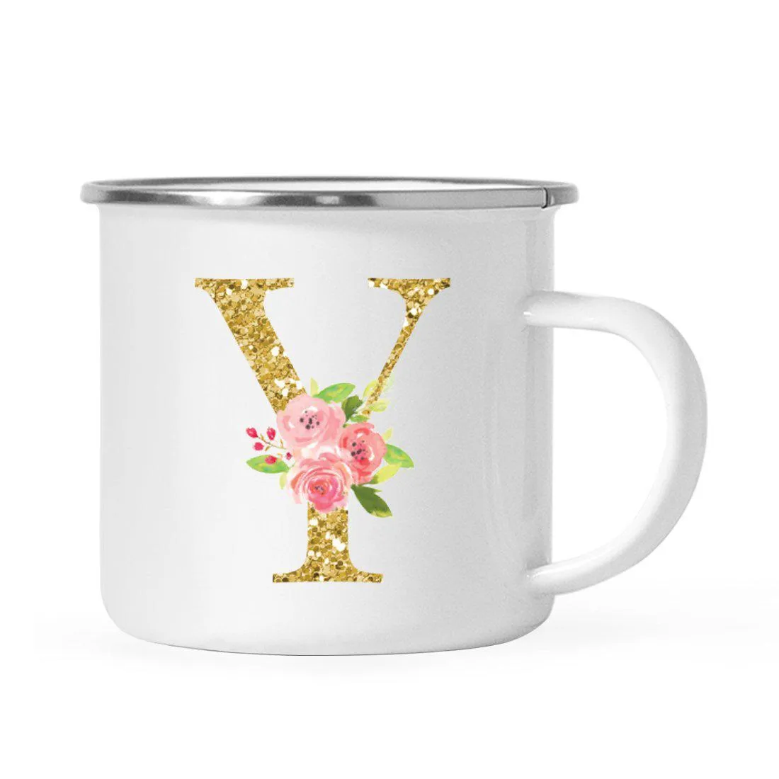 Andaz Press 11oz Pink Roses Faux Gold Glitter Monogram Campfire Coffee Mug