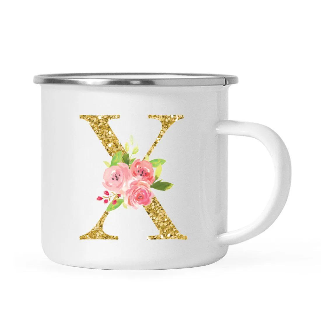 Andaz Press 11oz Pink Roses Faux Gold Glitter Monogram Campfire Coffee Mug