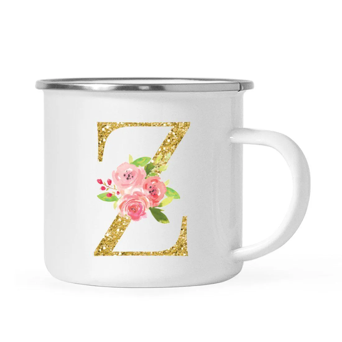 Andaz Press 11oz Pink Roses Faux Gold Glitter Monogram Campfire Coffee Mug