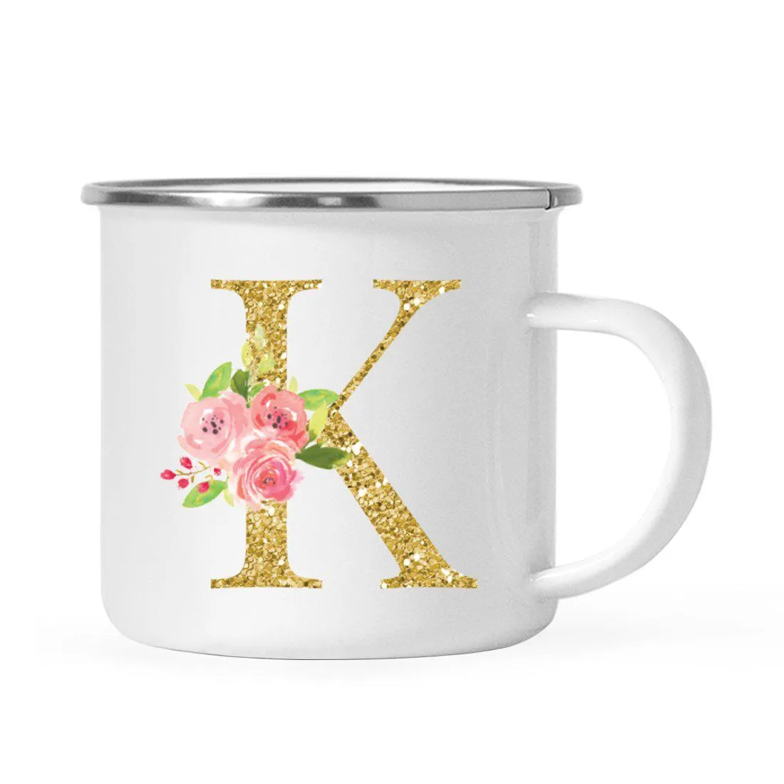 Andaz Press 11oz Pink Roses Faux Gold Glitter Monogram Campfire Coffee Mug