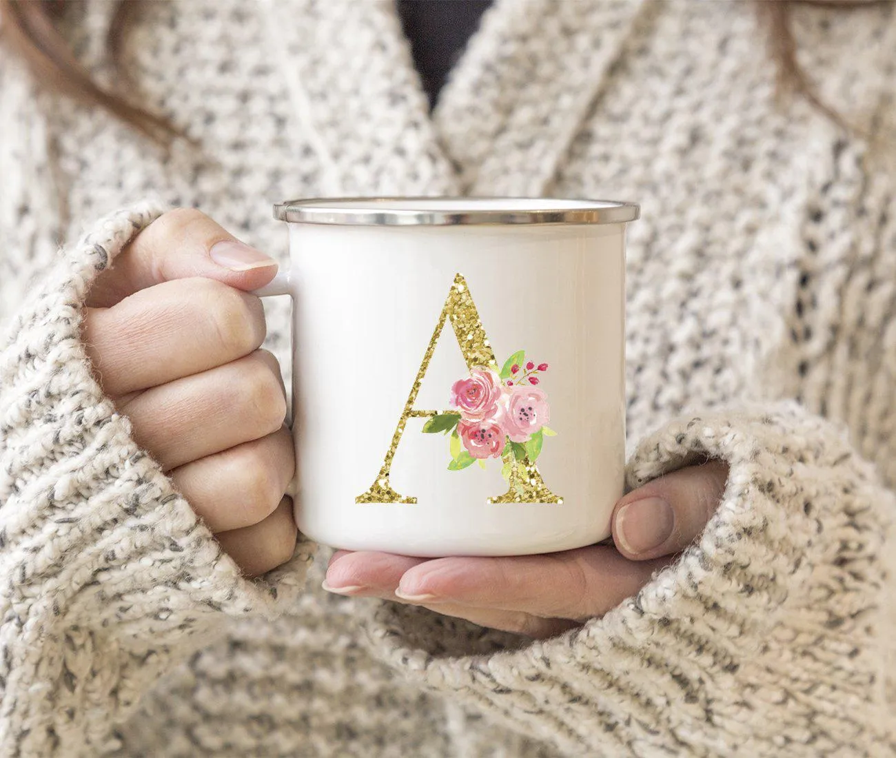 Andaz Press 11oz Pink Roses Faux Gold Glitter Monogram Campfire Coffee Mug