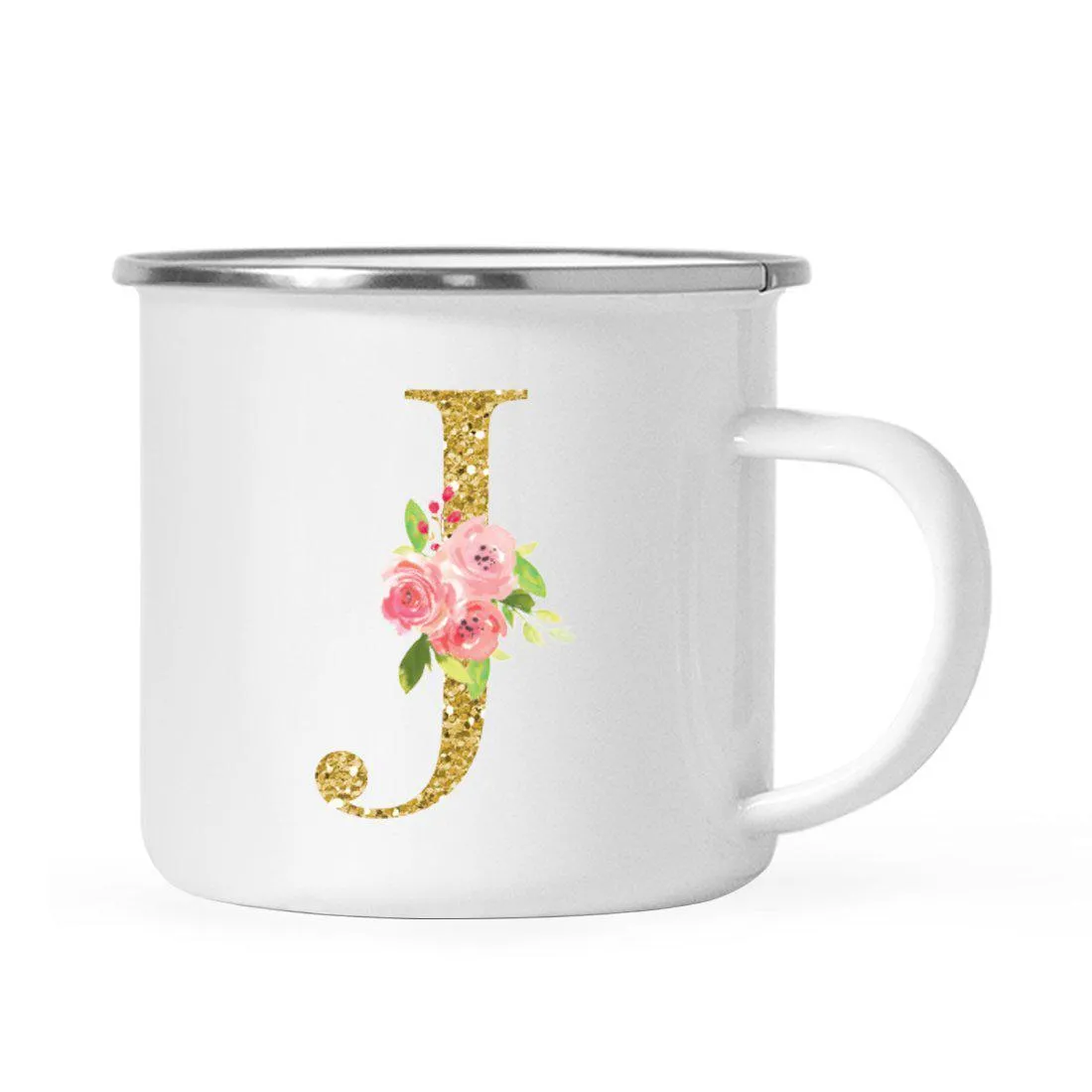 Andaz Press 11oz Pink Roses Faux Gold Glitter Monogram Campfire Coffee Mug