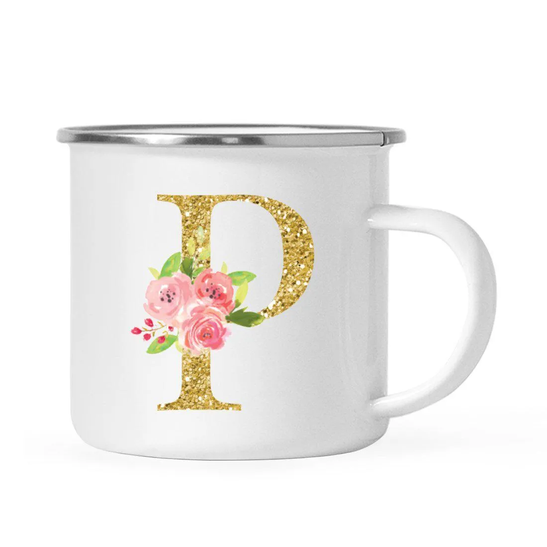 Andaz Press 11oz Pink Roses Faux Gold Glitter Monogram Campfire Coffee Mug