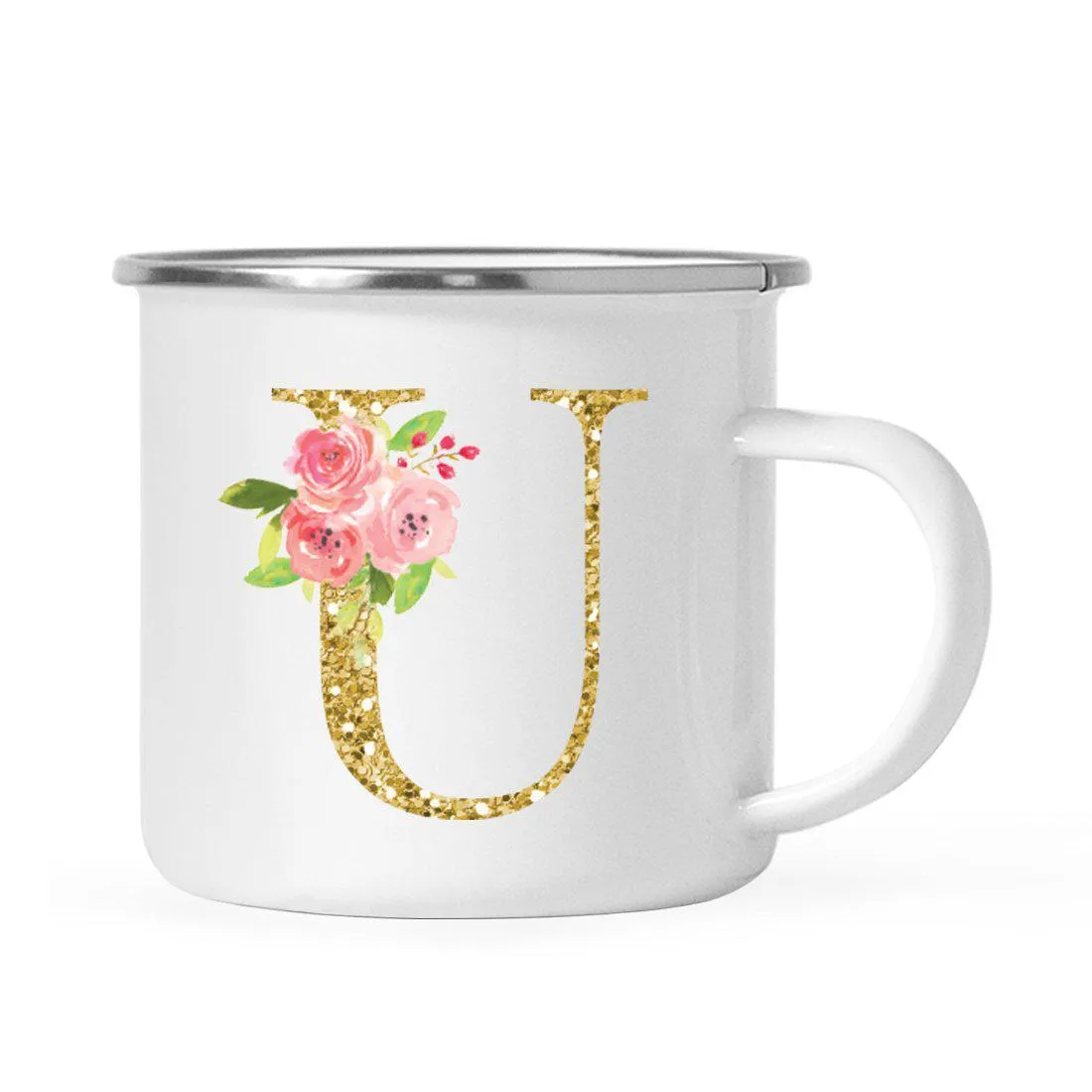 Andaz Press 11oz Pink Roses Faux Gold Glitter Monogram Campfire Coffee Mug