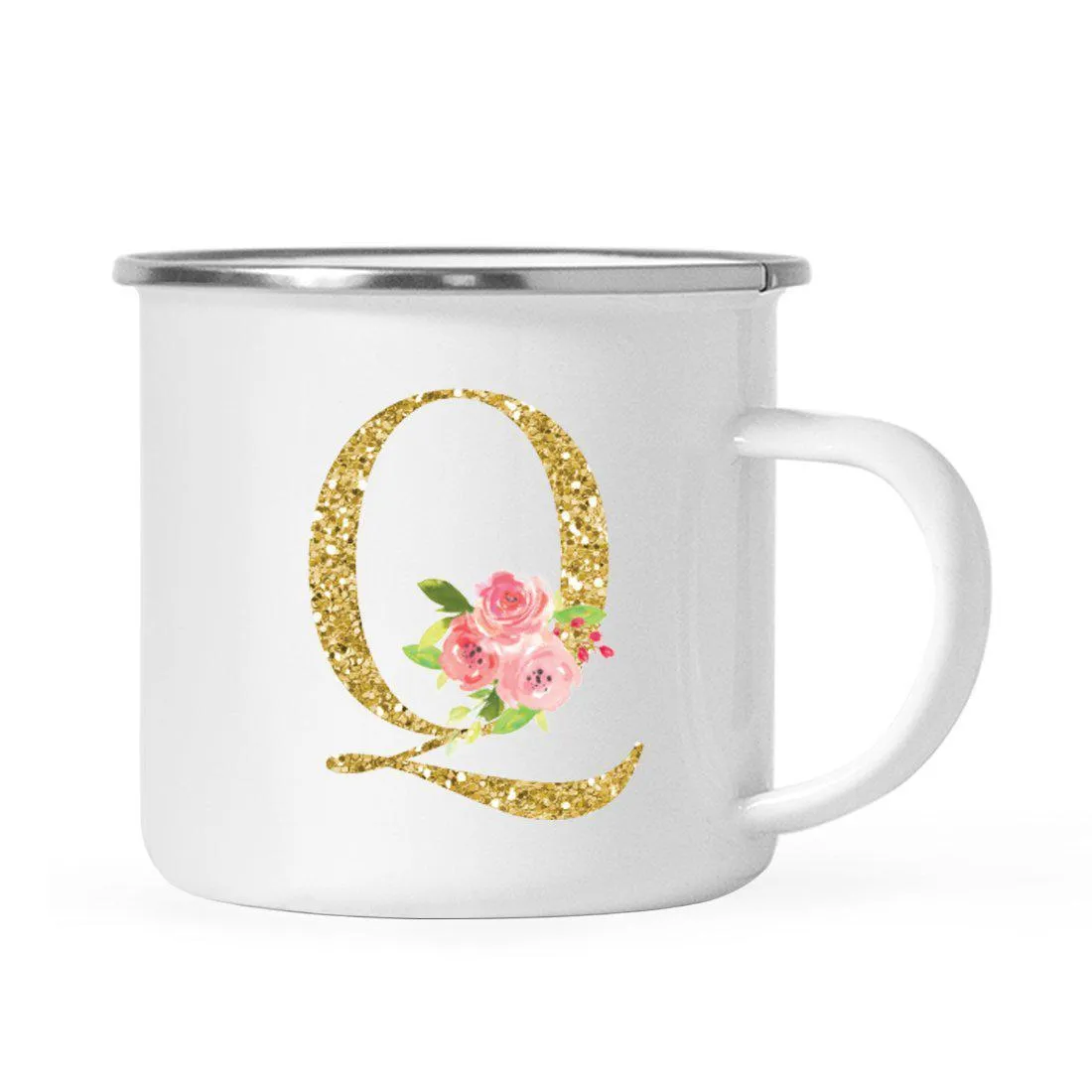 Andaz Press 11oz Pink Roses Faux Gold Glitter Monogram Campfire Coffee Mug