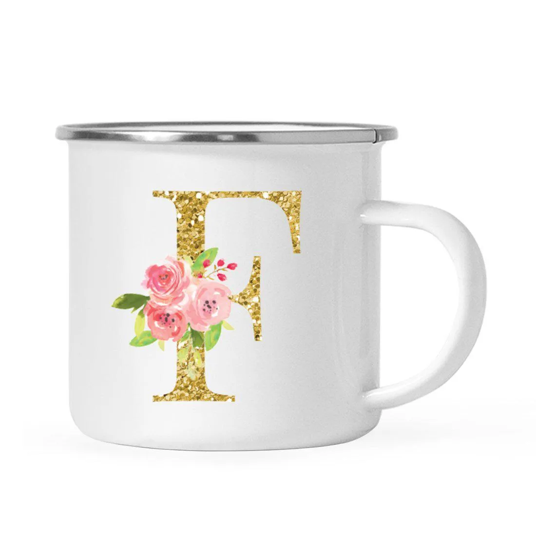 Andaz Press 11oz Pink Roses Faux Gold Glitter Monogram Campfire Coffee Mug