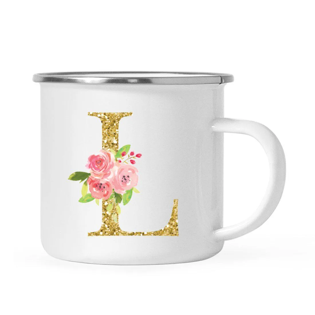 Andaz Press 11oz Pink Roses Faux Gold Glitter Monogram Campfire Coffee Mug