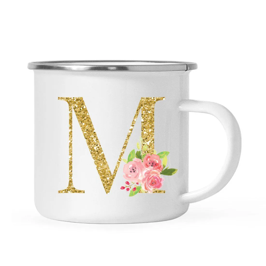 Andaz Press 11oz Pink Roses Faux Gold Glitter Monogram Campfire Coffee Mug