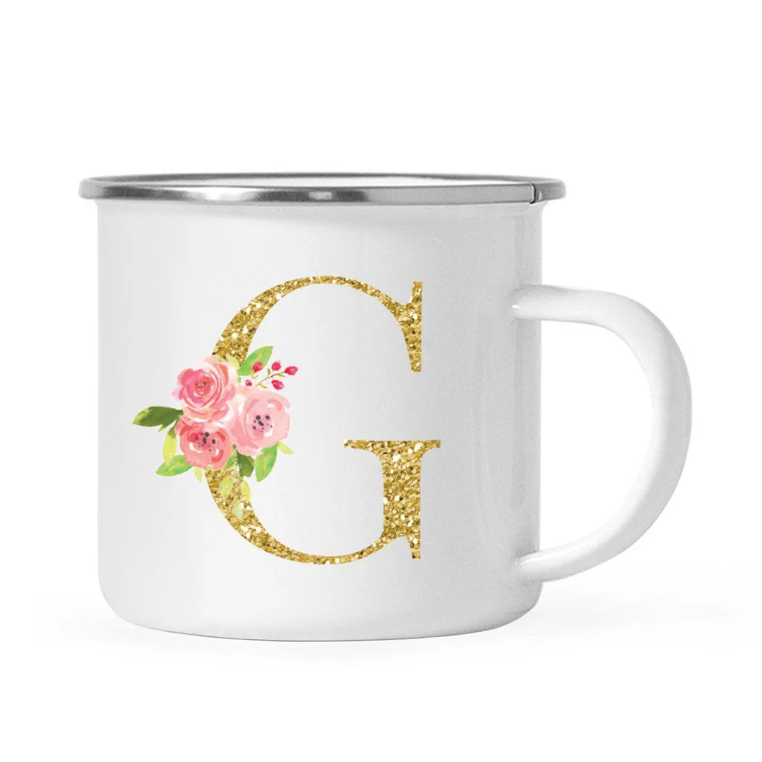 Andaz Press 11oz Pink Roses Faux Gold Glitter Monogram Campfire Coffee Mug