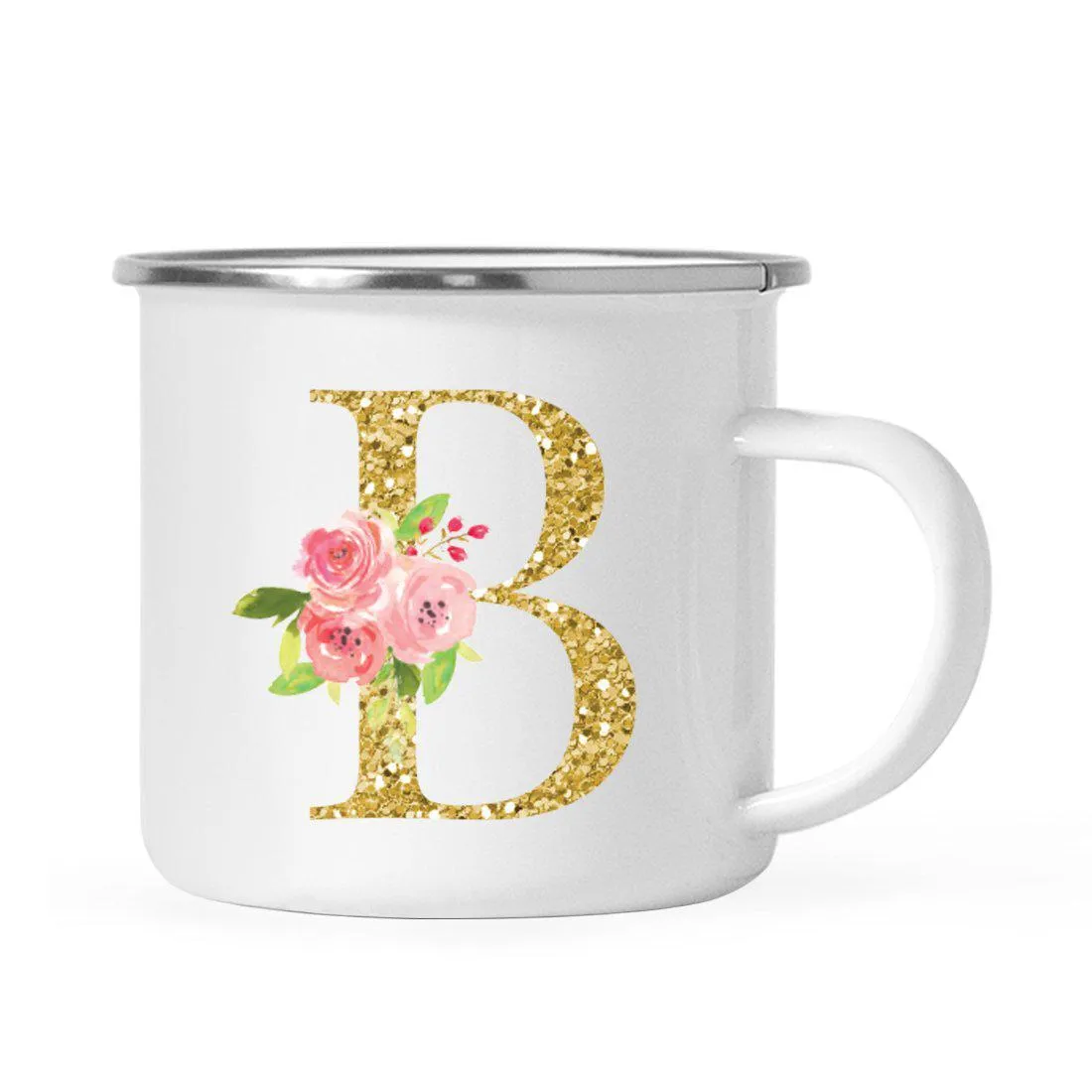 Andaz Press 11oz Pink Roses Faux Gold Glitter Monogram Campfire Coffee Mug