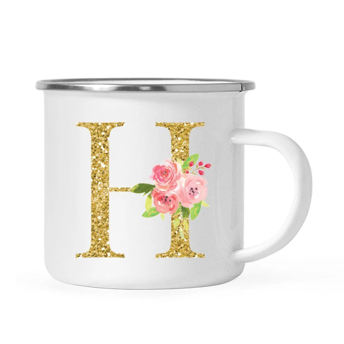 Andaz Press 11oz Pink Roses Faux Gold Glitter Monogram Campfire Coffee Mug