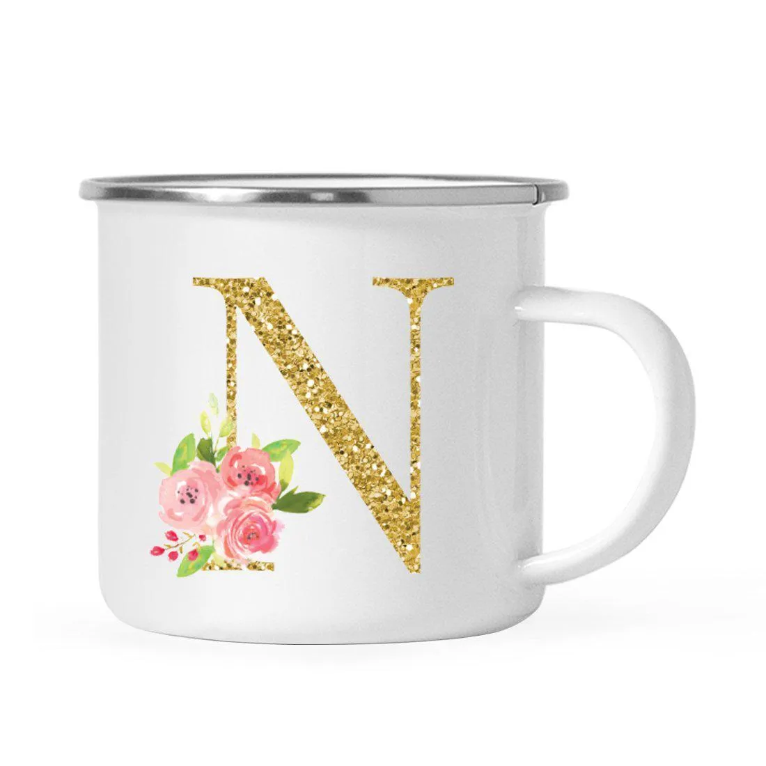 Andaz Press 11oz Pink Roses Faux Gold Glitter Monogram Campfire Coffee Mug