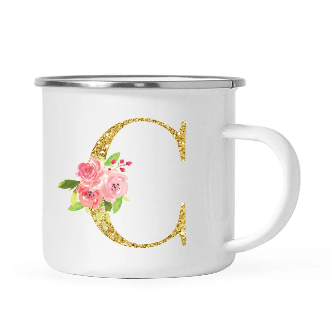 Andaz Press 11oz Pink Roses Faux Gold Glitter Monogram Campfire Coffee Mug