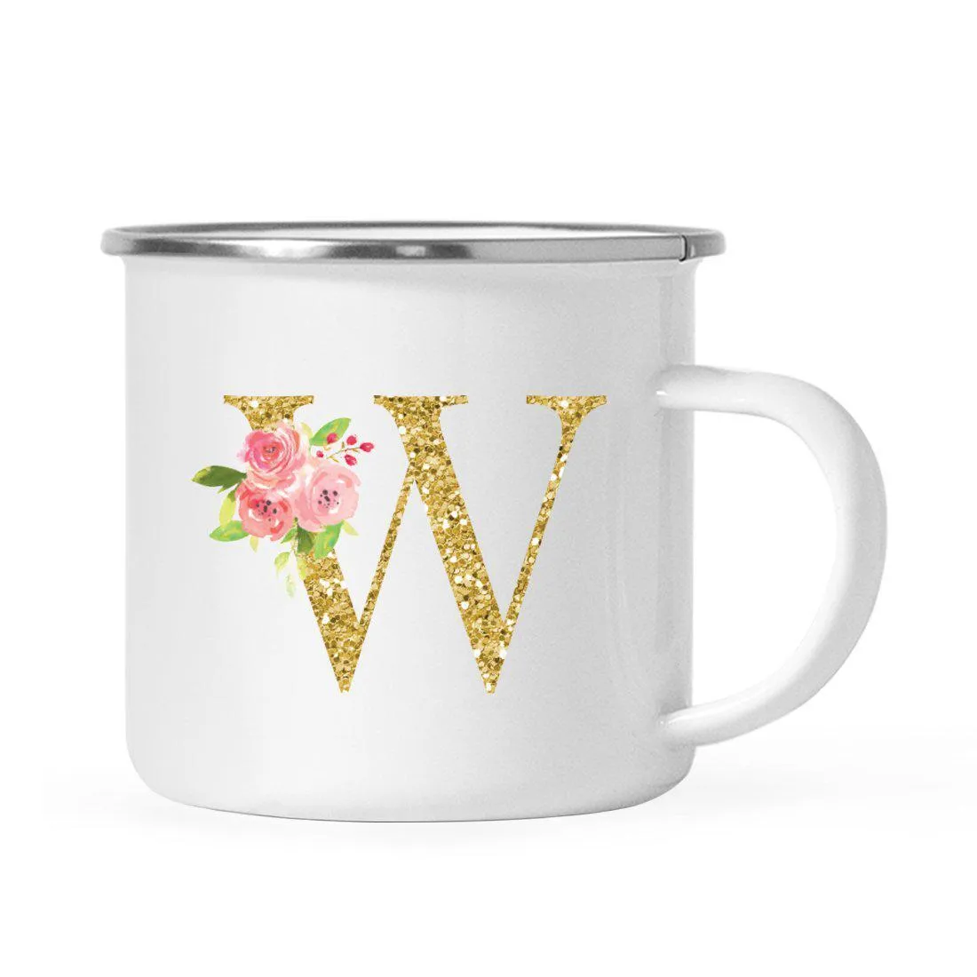 Andaz Press 11oz Pink Roses Faux Gold Glitter Monogram Campfire Coffee Mug