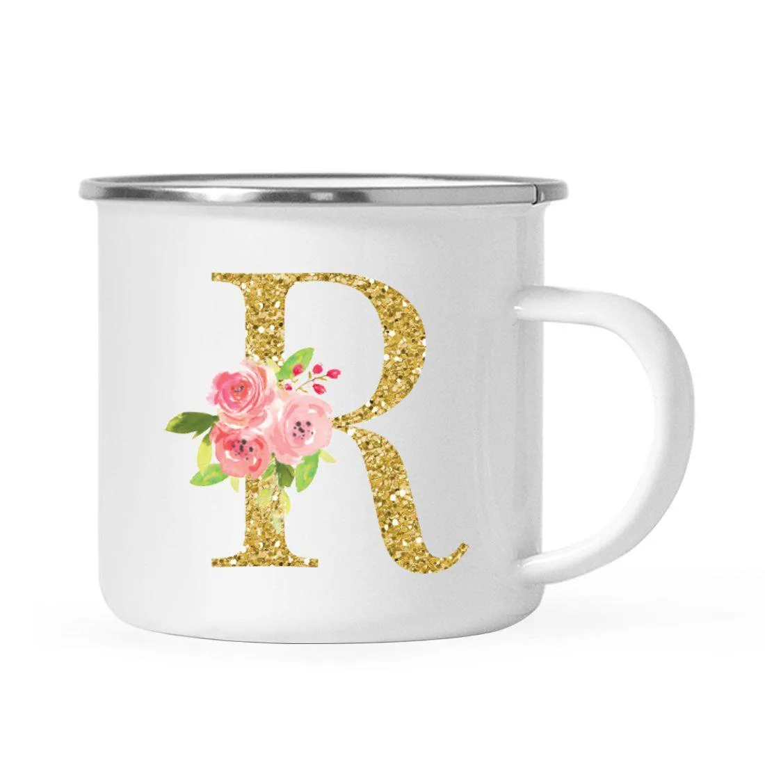 Andaz Press 11oz Pink Roses Faux Gold Glitter Monogram Campfire Coffee Mug