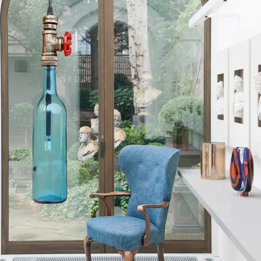 Antique Glass Water Pipe Pendant Light with Bottle Shade and Valve for Restaurant Ceiling Fixture - 1 Light Blue/Amber