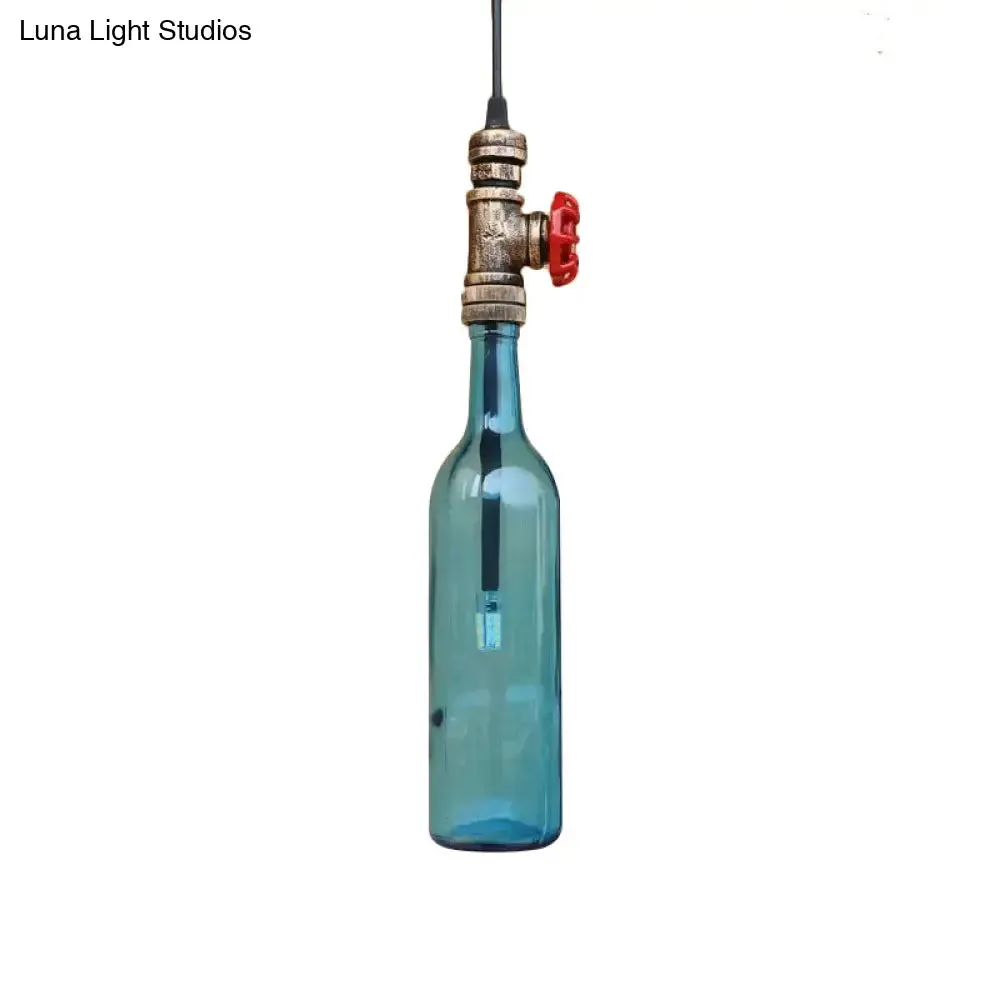 Antique Glass Water Pipe Pendant Light with Bottle Shade and Valve for Restaurant Ceiling Fixture - 1 Light Blue/Amber