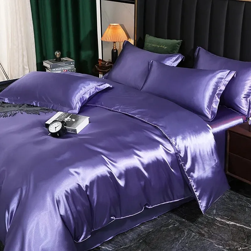 Anyhouz Beddings Lilac US Twin Size 3 Pcs High End Satin Smooth Duvet Cover Set Luxury Polyester Silky Soft Cozy Bedding Set