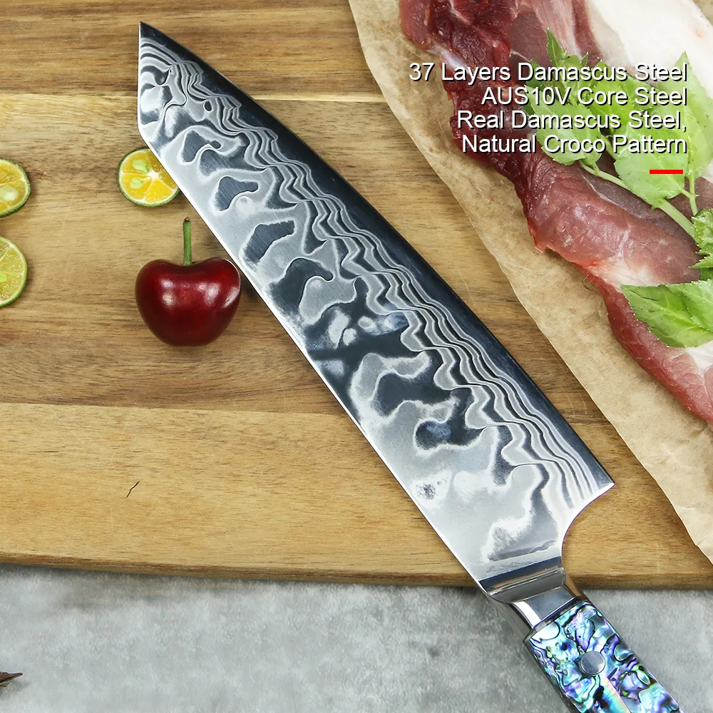 Awabi Kiritsuke Knife - Complete Knife with Abalone in Resin Handles and Mosaic Pin - AUS-10 Damascus Steel