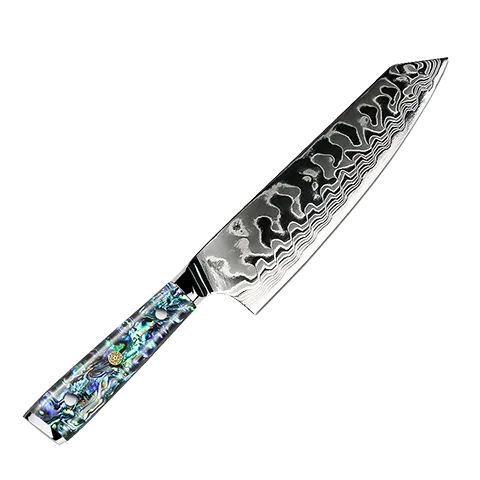 Awabi Kiritsuke Knife - Complete Knife with Abalone in Resin Handles and Mosaic Pin - AUS-10 Damascus Steel