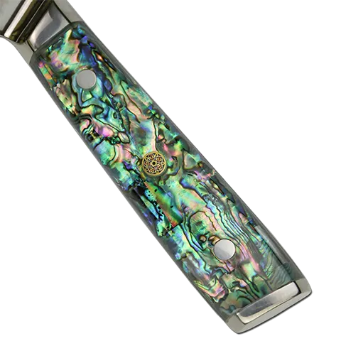 Awabi Kiritsuke Knife - Complete Knife with Abalone in Resin Handles and Mosaic Pin - AUS-10 Damascus Steel